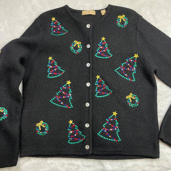 Kate Hill Casual Christmas Cardigan Sweater Women's Size Small 100% Wool Black - Picture 4 of 10